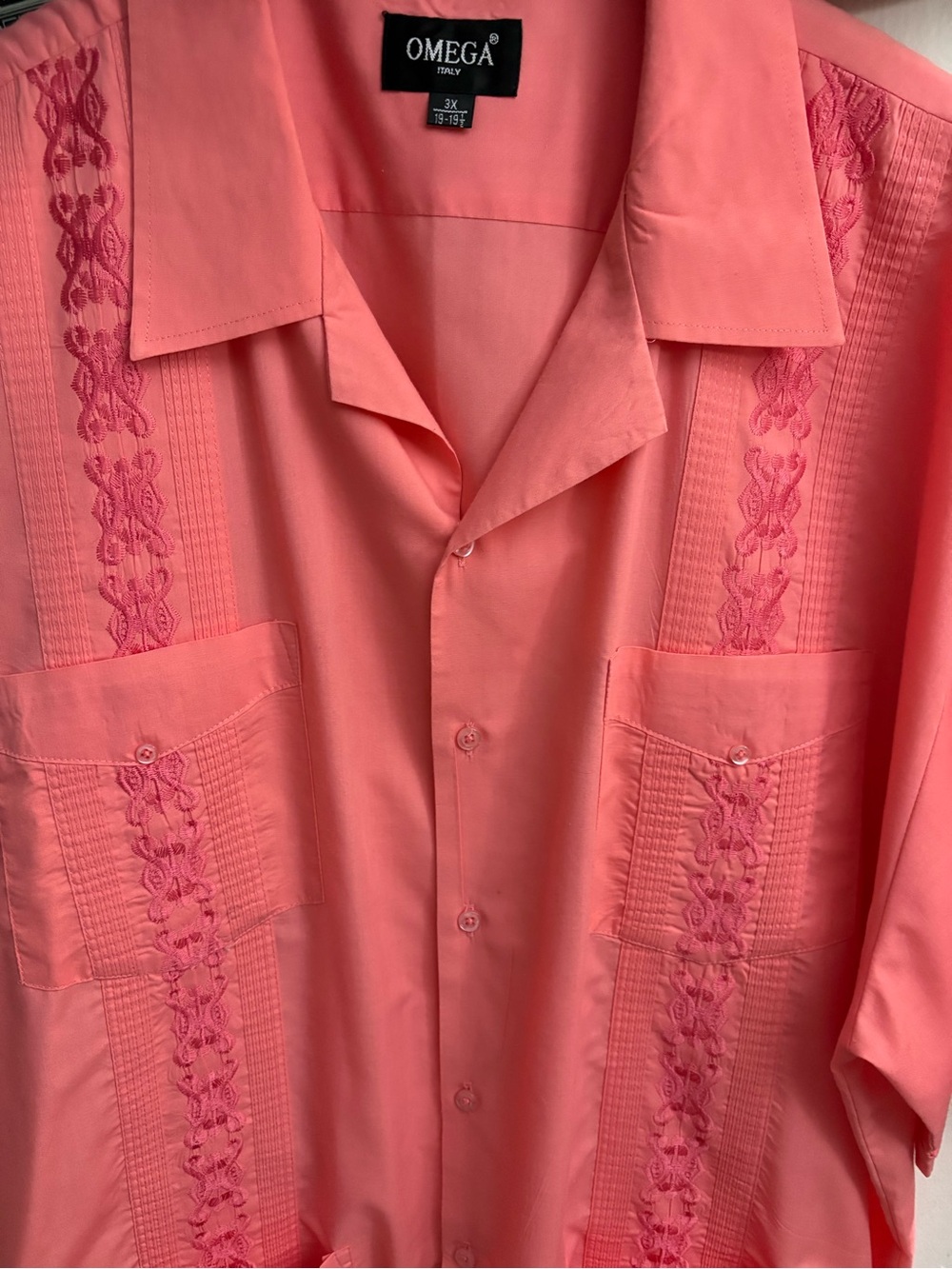 Omega Coral Pink Short-Sleeve Embroidered Button-Down Shirt